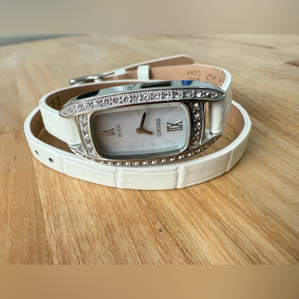 Seiko Solar ladies silver tone white leather double strap watch